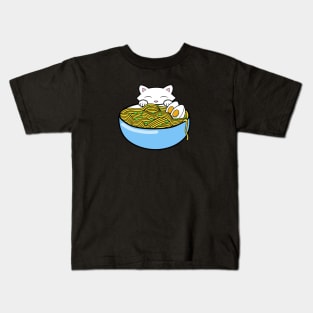 Cute white kitten eating a bowl of yummy ramen noodles Kids T-Shirt